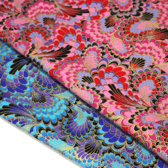 Tissu cotonnade motif japonais LES PLUMES DE PAON dorées, bleu turquoise ou rose fuchsia - COLLECTION JAPON DORÉ