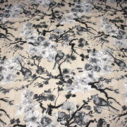 Tissu coton motif jardin japonais GUNMA aux oiseaux et fleurs de cerisier, fond lin - OEKO - TEX - TissusPapi.com