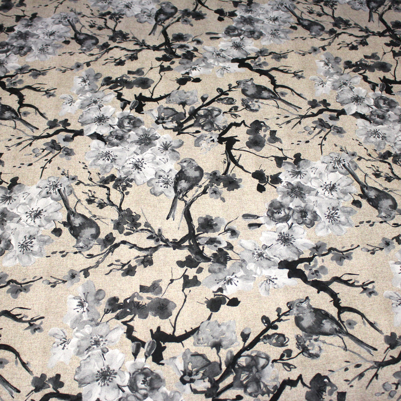 Tissu coton motif jardin japonais GUNMA aux oiseaux et fleurs de cerisier, fond lin - OEKO - TEX - TissusPapi.com