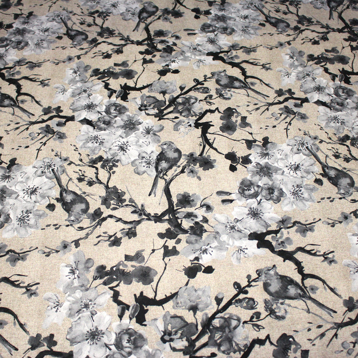 Tissu coton motif jardin japonais GUNMA aux oiseaux et fleurs de cerisier, fond lin - 140cm ou 280cm de large - OEKO-TEX