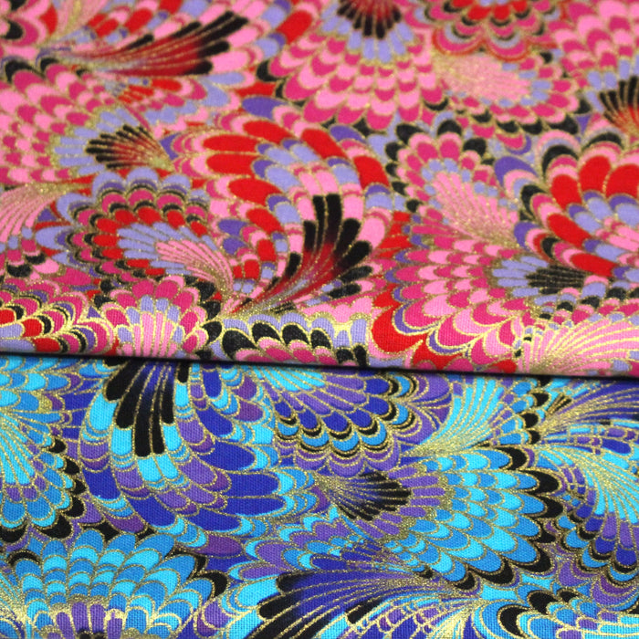 Tissu cotonnade motif japonais LES PLUMES DE PAON dorées, bleu turquoise ou rose fuchsia - COLLECTION JAPON DORÉ