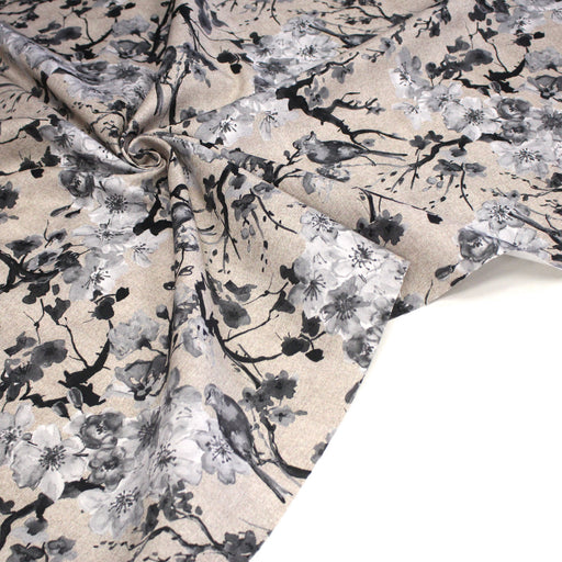 Tissu coton motif jardin japonais GUNMA aux oiseaux et fleurs de cerisier, fond lin - OEKO - TEX - TissusPapi.com
