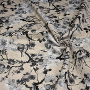 Tissu coton motif jardin japonais GUNMA aux oiseaux et fleurs de cerisier, fond lin - OEKO - TEX - TissusPapi.com