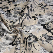 Tissu coton motif jardin japonais GUNMA aux oiseaux et fleurs de cerisier, fond lin - OEKO - TEX - TissusPapi.com
