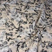 Tissu coton motif jardin japonais GUNMA aux oiseaux et fleurs de cerisier, fond lin - OEKO - TEX - TissusPapi.com
