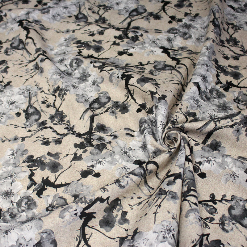 Tissu coton motif jardin japonais GUNMA aux oiseaux et fleurs de cerisier, fond lin - OEKO - TEX - TissusPapi.com