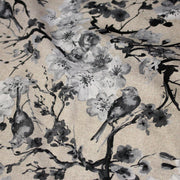 Tissu coton motif jardin japonais GUNMA aux oiseaux et fleurs de cerisier, fond lin - OEKO - TEX - TissusPapi.com