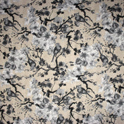 Tissu coton motif jardin japonais GUNMA aux oiseaux et fleurs de cerisier, fond lin - OEKO - TEX - TissusPapi.com
