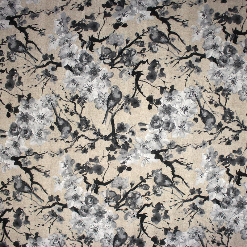Tissu coton motif jardin japonais GUNMA aux oiseaux et fleurs de cerisier, fond lin - OEKO - TEX - TissusPapi.com