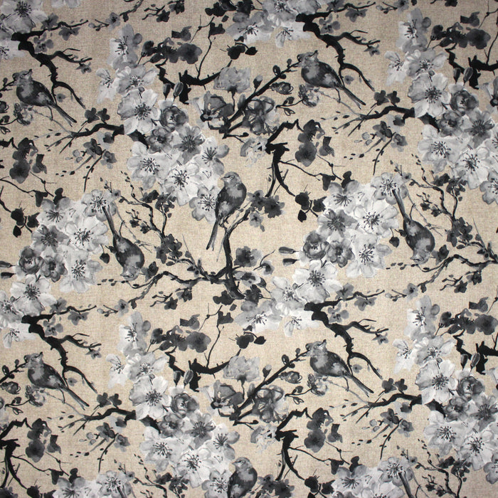 Tissu coton motif jardin japonais GUNMA aux oiseaux et fleurs de cerisier, fond lin - 140cm ou 280cm de large - OEKO-TEX