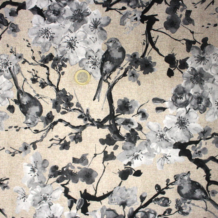 Tissu coton motif jardin japonais GUNMA aux oiseaux et fleurs de cerisier, fond lin - 140cm ou 280cm de large - OEKO-TEX