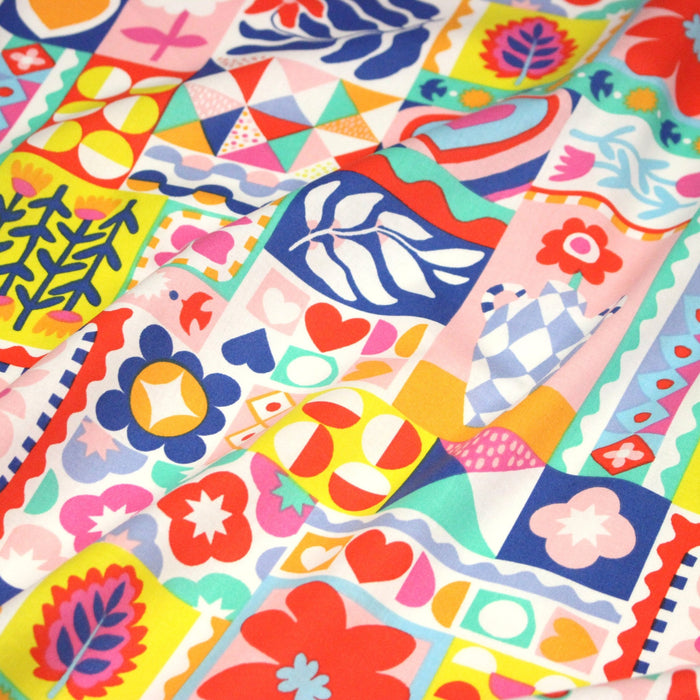 Tissu cotonnade Fleurs, feuilles et formes géométriques colorées - COLLECTION SICILIA - OEKO - TEX STANDARD 100 - TissusPapi.com