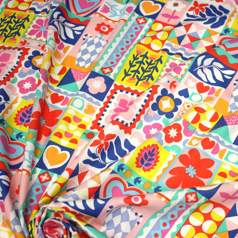 Tissu cotonnade Fleurs, feuilles et formes géométriques colorées - COLLECTION SICILIA - OEKO - TEX STANDARD 100 - TissusPapi.com