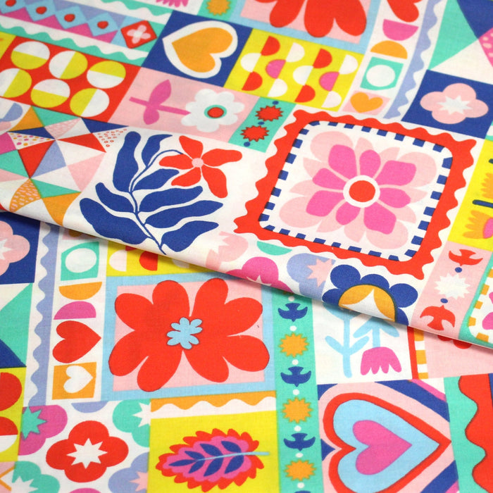 Tissu cotonnade Fleurs, feuilles et formes géométriques colorées - COLLECTION SICILIA - OEKO - TEX STANDARD 100 - TissusPapi.com
