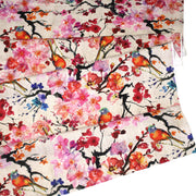 Tissu coton motif jardin japonais GUNMA aux oiseaux et fleurs de cerisier, fond lin - OEKO - TEX - TissusPapi.com
