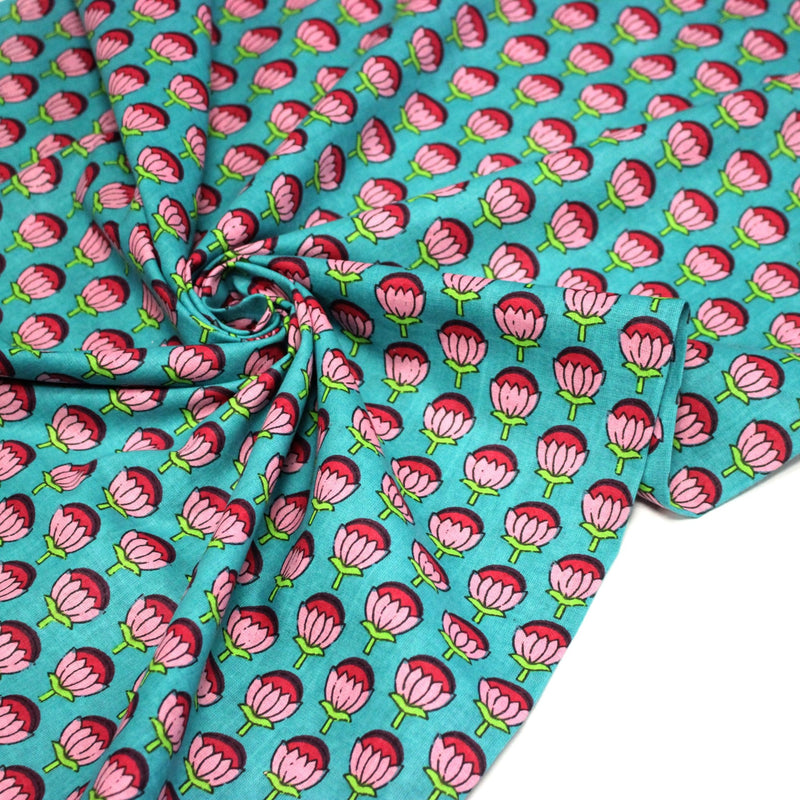 Tissu coton fin imprimé INDIENNES, fleurs roses et fuchsia, fond vert canard - TissusPapi.com
