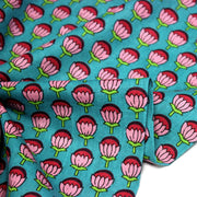 Tissu coton fin imprimé INDIENNES, fleurs roses et fuchsia, fond vert canard - TissusPapi.com
