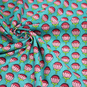 Tissu coton fin imprimé INDIENNES, fleurs roses et fuchsia, fond vert canard - TissusPapi.com