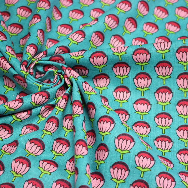 Tissu coton fin imprimé INDIENNES, fleurs roses et fuchsia, fond vert canard - TissusPapi.com