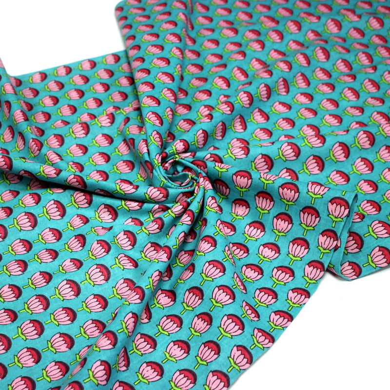Tissu coton fin imprimé INDIENNES, fleurs roses et fuchsia, fond vert canard - TissusPapi.com