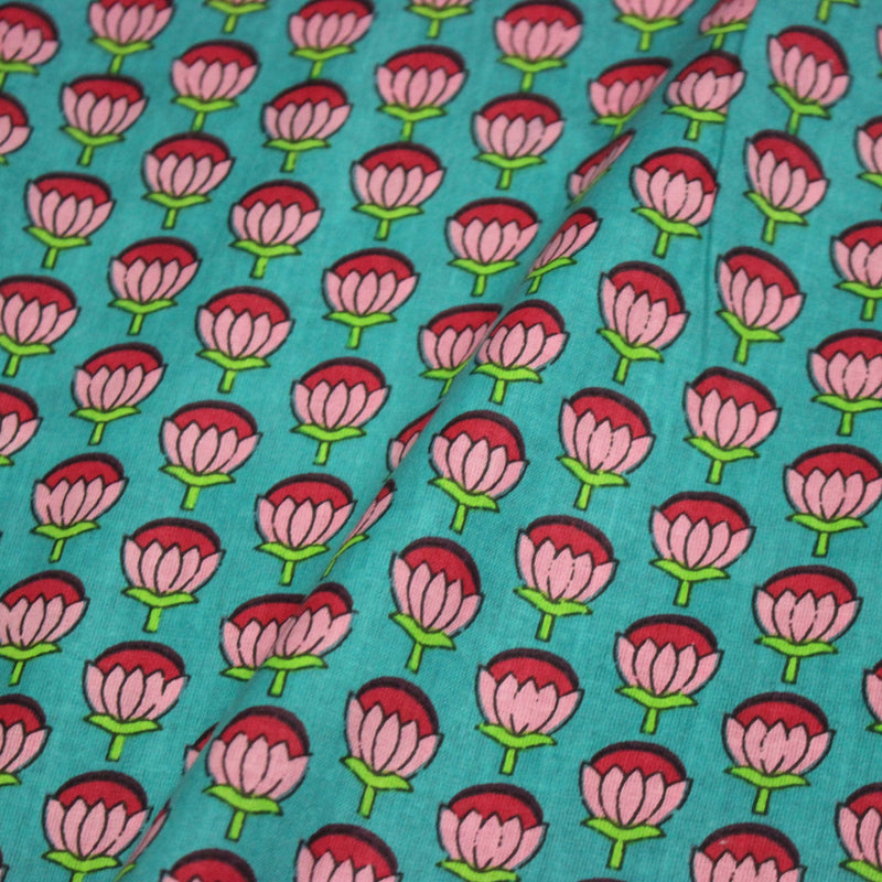 Tissu coton fin imprimé INDIENNES, fleurs roses et fuchsia, fond vert canard - TissusPapi.com