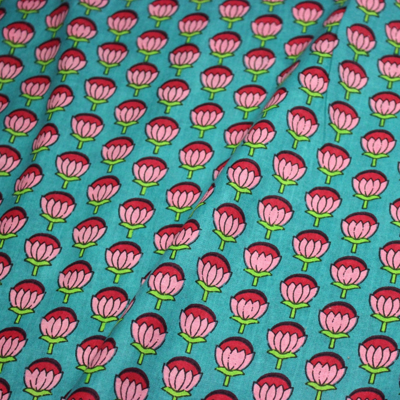 Tissu coton fin imprimé INDIENNES, fleurs roses et fuchsia, fond vert canard - TissusPapi.com
