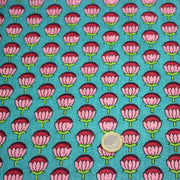 Tissu coton fin imprimé INDIENNES, fleurs roses et fuchsia, fond vert canard - TissusPapi.com