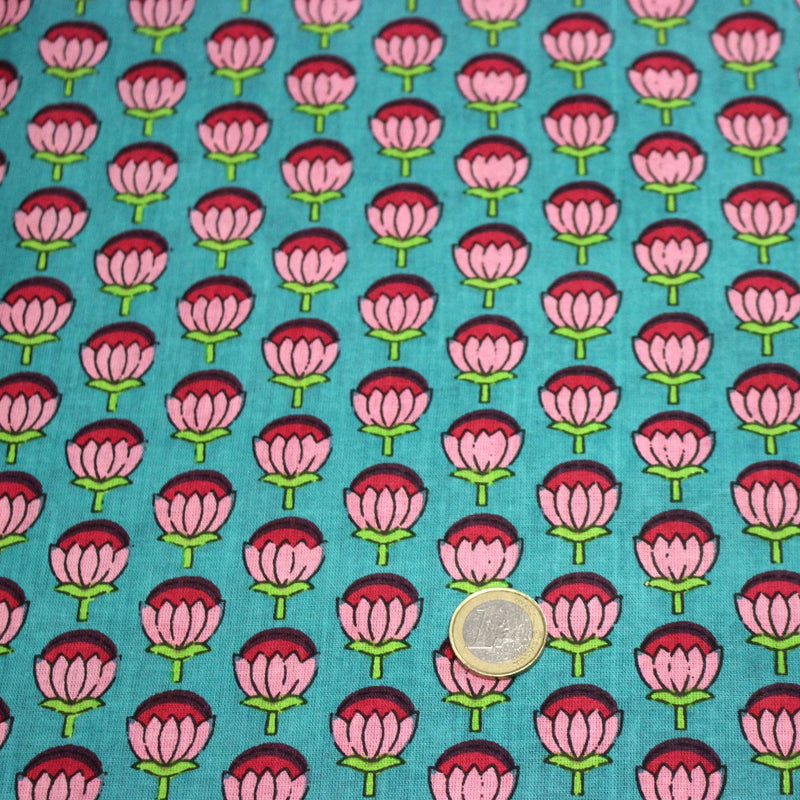 Tissu coton fin imprimé INDIENNES, fleurs roses et fuchsia, fond vert canard - TissusPapi.com