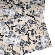 Tissu coton motif jardin japonais GUNMA aux oiseaux et fleurs de cerisier, fond lin - OEKO - TEX - TissusPapi.com