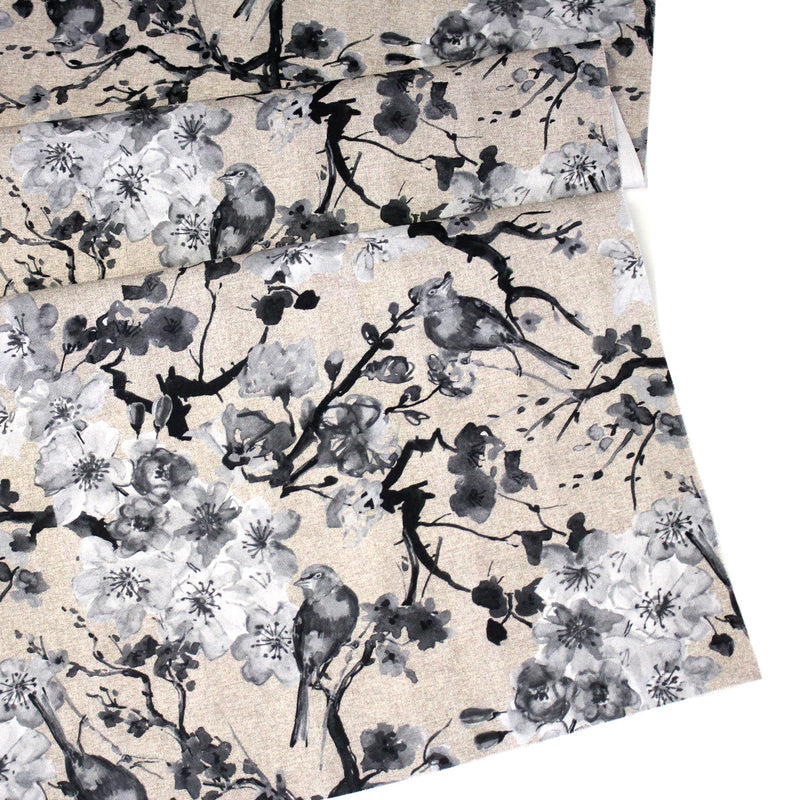 Tissu coton motif jardin japonais GUNMA aux oiseaux et fleurs de cerisier, fond lin - OEKO - TEX - TissusPapi.com