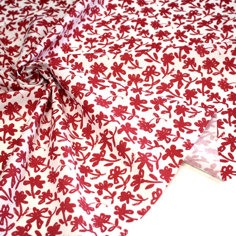 Tissu cotonnade aux fleurs japonaise & dessins à l'encre de Chine : rouge, noir, bleu - OEKO - TEX - TissusPapi.com