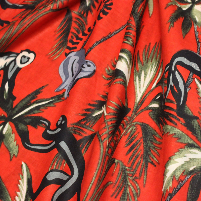 Tissu coton fin imprimé INDIENNES, les singes et la jungle, fond rouge - TissusPapi.com