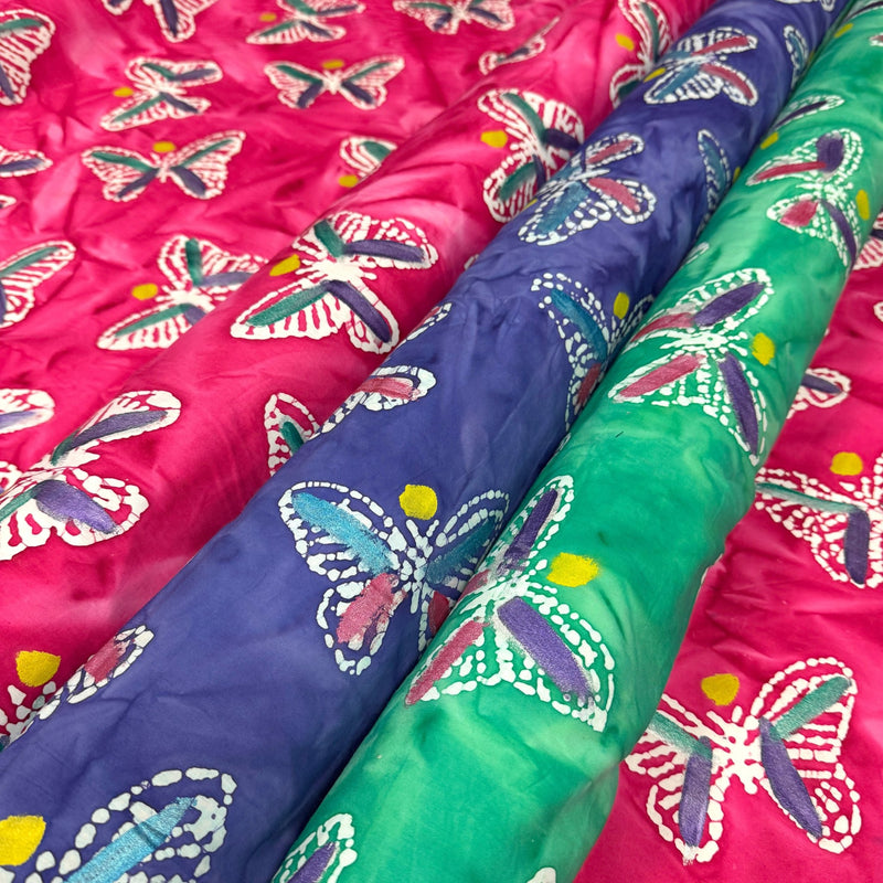 Tissu coton block print aux papillons blanc : rose, vert, violet - MADE IN INDIA - TissusPapi.com