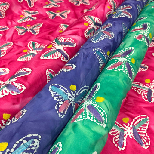 Tissu coton block print aux papillons blanc : rose, vert, violet - MADE IN INDIA - TissusPapi.com