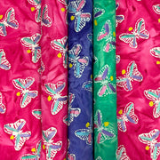 Tissu coton block print aux papillons blanc : rose, vert, violet - MADE IN INDIA - TissusPapi.com