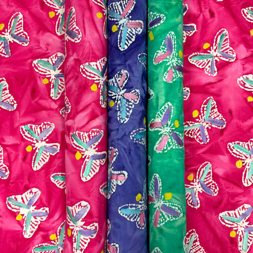 Tissu coton block print aux papillons blanc : rose, vert, violet - MADE IN INDIA - TissusPapi.com