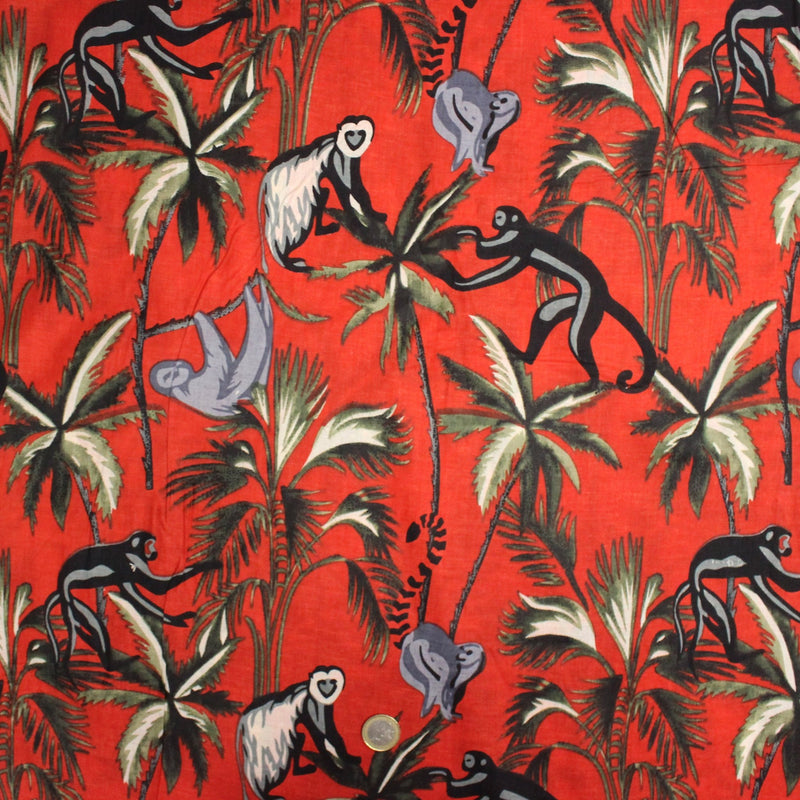 Tissu coton fin imprimé INDIENNES, les singes et la jungle, fond rouge - TissusPapi.com