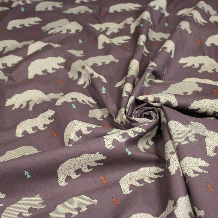Tissu cotonnade Les ours polaires, fond aubergine