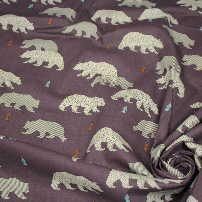 Tissu cotonnade Les ours polaires, fond aubergine