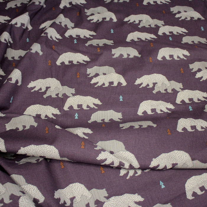 Tissu cotonnade Les ours polaires, fond aubergine
