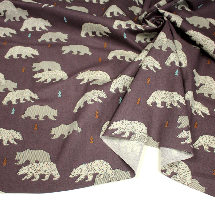 Tissu cotonnade Les ours polaires, fond aubergine