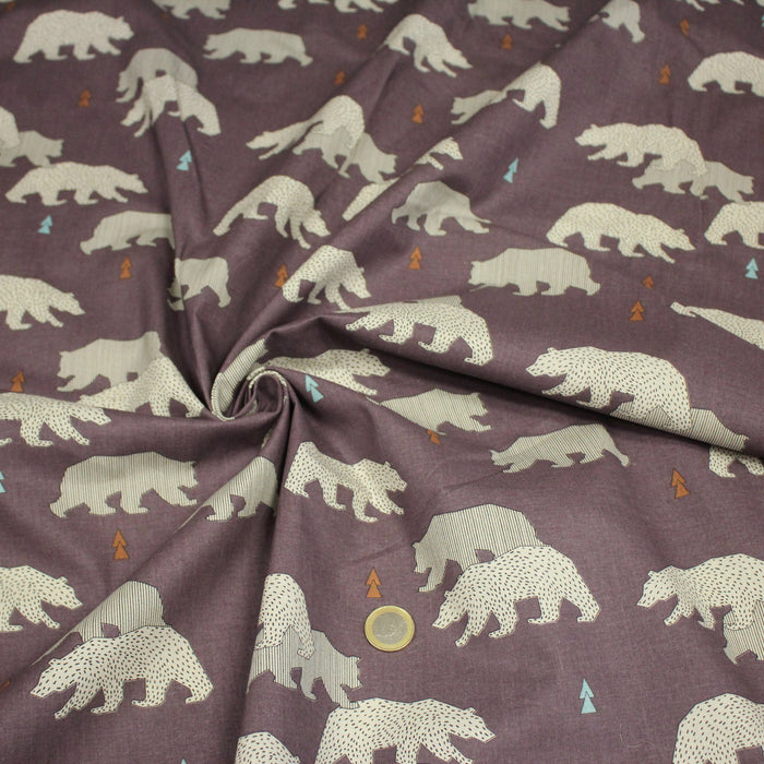 Tissu cotonnade Les ours polaires, fond aubergine
