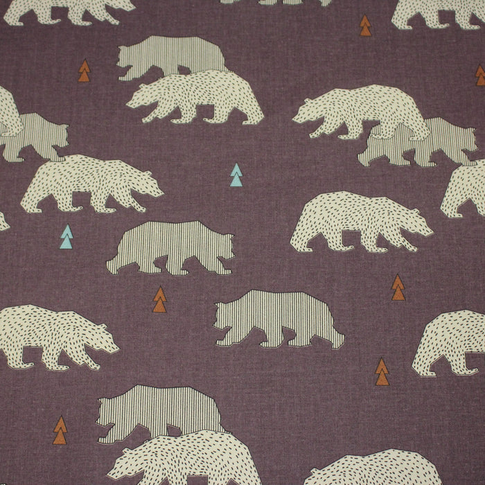 Tissu cotonnade Les ours polaires, fond aubergine