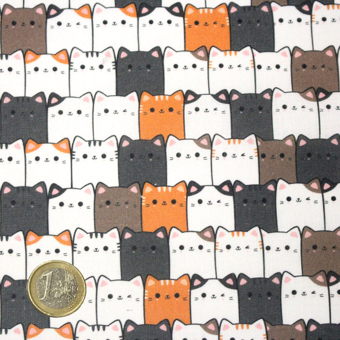 Tissu cotonnade KAWAII aux chats japonais blancs, gris et roux - OEKO-TEX