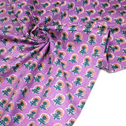 Tissu coton fin imprimé INDIENNES, parme aux fleurs traditionnelles corail et bleues - TissusPapi.com