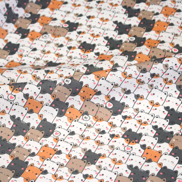 Tissu cotonnade KAWAII aux chats japonais blancs, gris et roux - OEKO-TEX