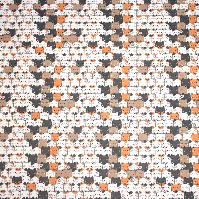 Tissu cotonnade KAWAII aux chats japonais blancs, gris et roux - OEKO-TEX