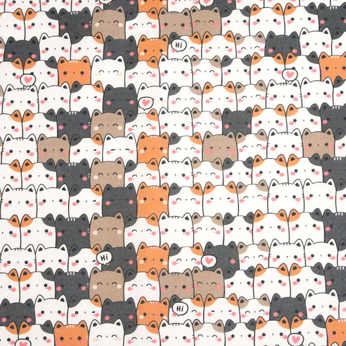 Tissu cotonnade KAWAII aux chats japonais blancs, gris et roux - OEKO-TEX