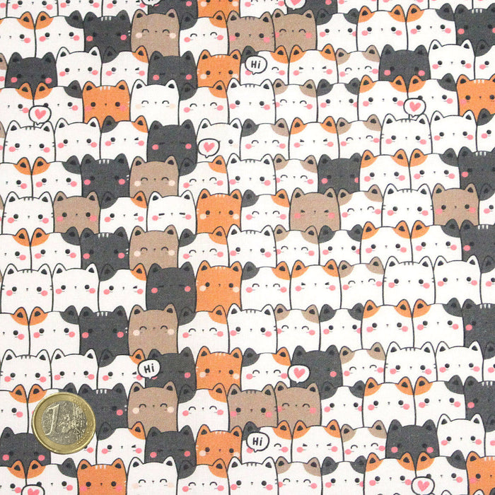 Tissu cotonnade KAWAII aux chats japonais blancs, gris et roux - OEKO-TEX