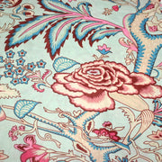 Tissu coton fin imprimé INDIENNES, bleu d'eau aux grandes fleurs écrues, bleues, rouges et roses - TissusPapi.com